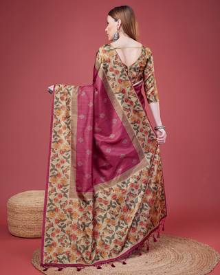 Pink Geometric And Floral Printed Silk Self Design With Golden Border Saree For Women With Blouse Piece 3