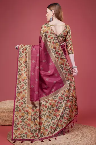 Pink Geometric And Floral Printed Silk Self Design With Golden Border Saree For Women With Blouse Piece