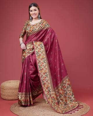 Pink Geometric And Floral Printed Silk Self Design With Golden Border Saree For Women With Blouse Piece 4