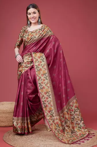 Pink Geometric And Floral Printed Silk Self Design With Golden Border Saree For Women With Blouse Piece