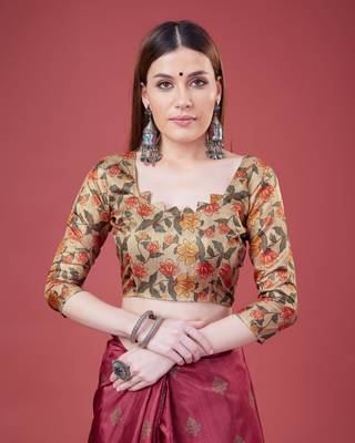 Pink Geometric And Floral Printed Silk Self Design With Golden Border Saree For Women With Blouse Piece 5