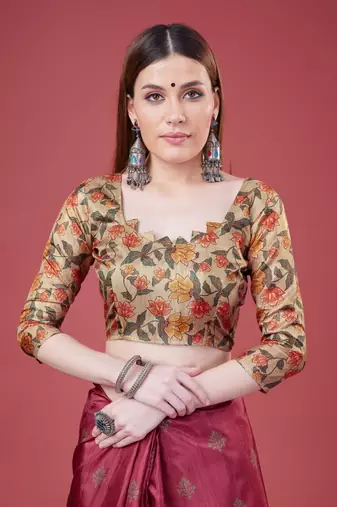 Pink Geometric And Floral Printed Silk Self Design With Golden Border Saree For Women With Blouse Piece