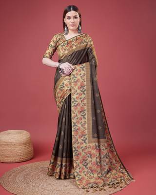 Grey Geometric And Floral Printed Silk Self Design With Golden Border Saree For Women With Blouse Piece 1