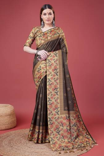 Grey Geometric And Floral Printed Silk Self Design With Golden Border Saree For Women With Blouse Piece