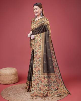 Grey Geometric And Floral Printed Silk Self Design With Golden Border Saree For Women With Blouse Piece 2