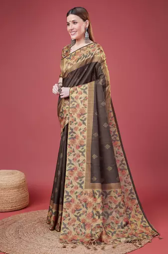 Grey Geometric And Floral Printed Silk Self Design With Golden Border Saree For Women With Blouse Piece
