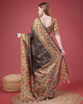 Grey Geometric And Floral Printed Silk Self Design With Golden Border Saree For Women With Blouse Piece 3