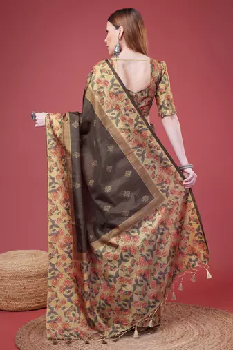 Grey Geometric And Floral Printed Silk Self Design With Golden Border Saree For Women With Blouse Piece