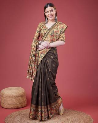 Grey Geometric And Floral Printed Silk Self Design With Golden Border Saree For Women With Blouse Piece 4