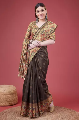 Grey Geometric And Floral Printed Silk Self Design With Golden Border Saree For Women With Blouse Piece