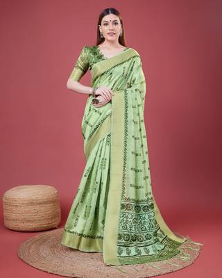 Green Geometric And Floral Printed Silk Self Design With Golden Border Saree For Women With Blouse Piece 1