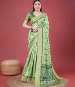 Green Geometric And Floral Printed Silk Self Design With Golden Border Saree For Women With Blouse Piece