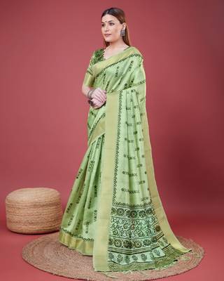 Green Geometric And Floral Printed Silk Self Design With Golden Border Saree For Women With Blouse Piece 2