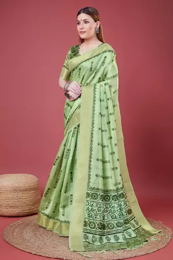 Green Geometric And Floral Printed Silk Self Design With Golden Border Saree For Women With Blouse Piece