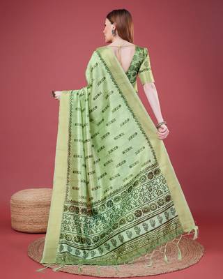 Green Geometric And Floral Printed Silk Self Design With Golden Border Saree For Women With Blouse Piece 3