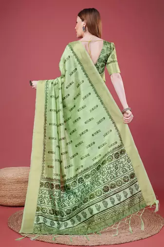 Green Geometric And Floral Printed Silk Self Design With Golden Border Saree For Women With Blouse Piece