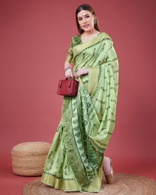 Green Geometric And Floral Printed Silk Self Design With Golden Border Saree For Women With Blouse Piece 4