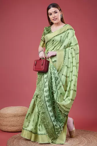 Green Geometric And Floral Printed Silk Self Design With Golden Border Saree For Women With Blouse Piece