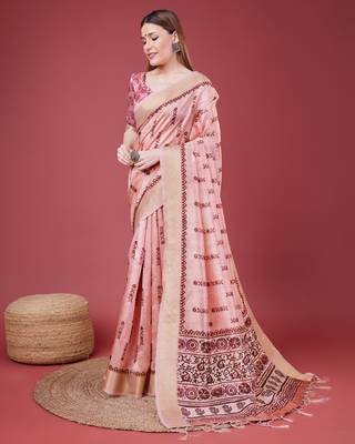 Pink Geometric And Floral Printed Silk Self Design With Golden Border Saree For Women With Blouse Piece 1