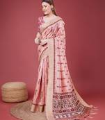 Pink Geometric And Floral Printed Silk Self Design With Golden Border Saree For Women With Blouse Piece