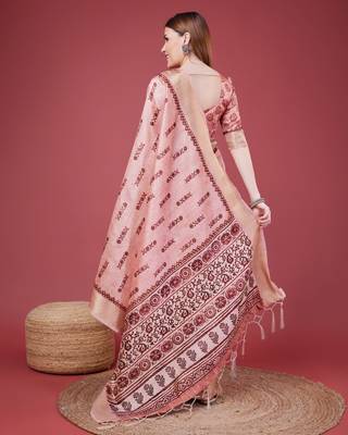 Pink Geometric And Floral Printed Silk Self Design With Golden Border Saree For Women With Blouse Piece 2