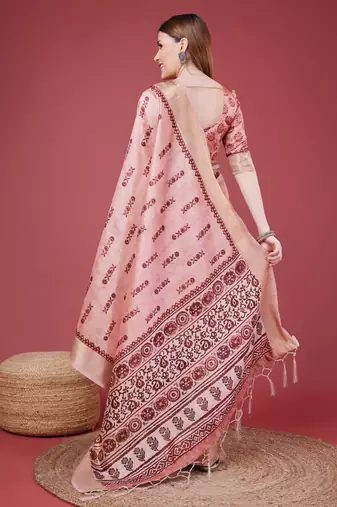 Pink Geometric And Floral Printed Silk Self Design With Golden Border Saree For Women With Blouse Piece