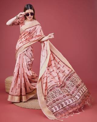 Pink Geometric And Floral Printed Silk Self Design With Golden Border Saree For Women With Blouse Piece 3