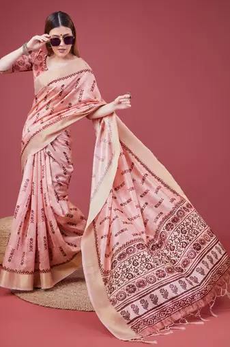 Pink Geometric And Floral Printed Silk Self Design With Golden Border Saree For Women With Blouse Piece