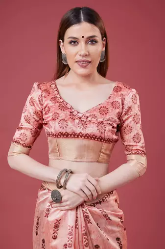 Pink Geometric And Floral Printed Silk Self Design With Golden Border Saree For Women With Blouse Piece