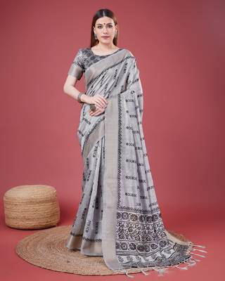 Grey Geometric And Floral Printed Silk Self Design With Golden Border Saree For Women With Blouse Piece 1
