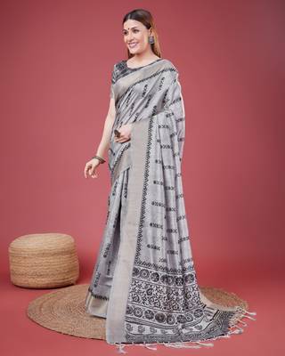 Grey Geometric And Floral Printed Silk Self Design With Golden Border Saree For Women With Blouse Piece 2