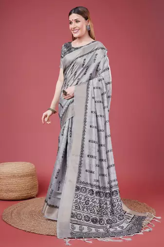 Grey Geometric And Floral Printed Silk Self Design With Golden Border Saree For Women With Blouse Piece