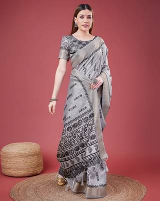 Grey Geometric And Floral Printed Silk Self Design With Golden Border Saree For Women With Blouse Piece 3