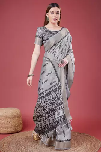 Grey Geometric And Floral Printed Silk Self Design With Golden Border Saree For Women With Blouse Piece