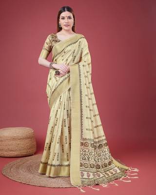 Golden Geometric And Floral Printed Silk Self Design With Golden Border Saree For Women With Blouse Piece 1