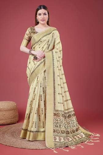 Golden Geometric And Floral Printed Silk Self Design With Golden Border Saree For Women With Blouse Piece