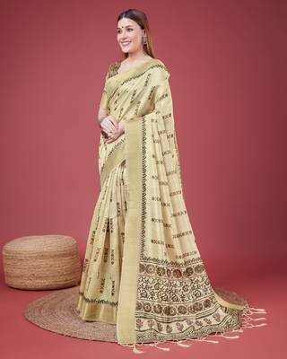 Golden Geometric And Floral Printed Silk Self Design With Golden Border Saree For Women With Blouse Piece 2