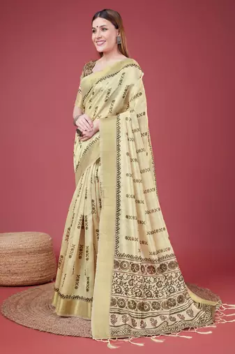 Golden Geometric And Floral Printed Silk Self Design With Golden Border Saree For Women With Blouse Piece