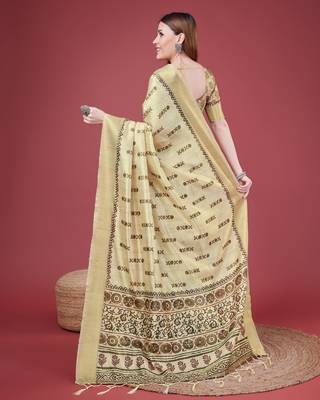 Golden Geometric And Floral Printed Silk Self Design With Golden Border Saree For Women With Blouse Piece 3