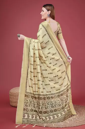 Golden Geometric And Floral Printed Silk Self Design With Golden Border Saree For Women With Blouse Piece