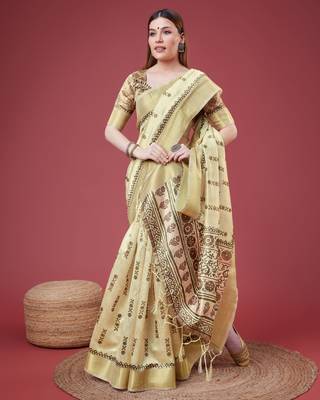 Golden Geometric And Floral Printed Silk Self Design With Golden Border Saree For Women With Blouse Piece 4