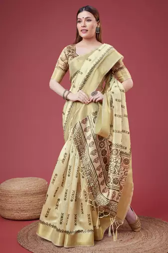Golden Geometric And Floral Printed Silk Self Design With Golden Border Saree For Women With Blouse Piece
