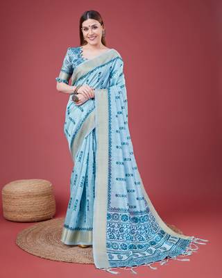 Blue Geometric And Floral Printed Silk Self Design With Golden Border Saree For Women With Blouse Piece 1