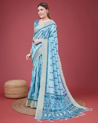 Blue Geometric And Floral Printed Silk Self Design With Golden Border Saree For Women With Blouse Piece 2
