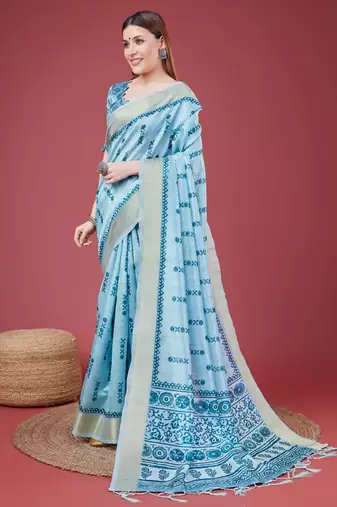 Blue Geometric And Floral Printed Silk Self Design With Golden Border Saree For Women With Blouse Piece