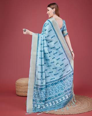 Blue Geometric And Floral Printed Silk Self Design With Golden Border Saree For Women With Blouse Piece 3
