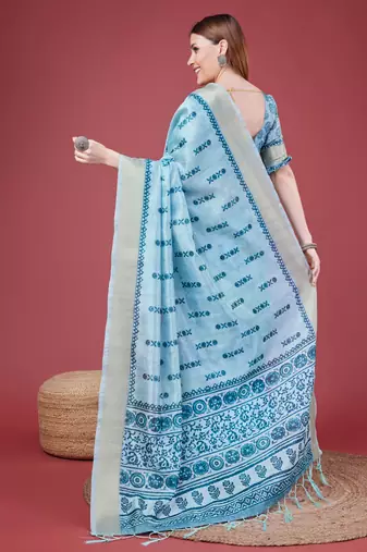 Blue Geometric And Floral Printed Silk Self Design With Golden Border Saree For Women With Blouse Piece