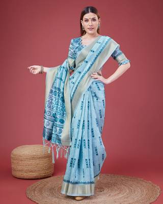 Blue Geometric And Floral Printed Silk Self Design With Golden Border Saree For Women With Blouse Piece 4