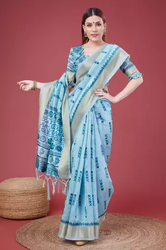 Blue Geometric And Floral Printed Silk Self Design With Golden Border Saree For Women With Blouse Piece