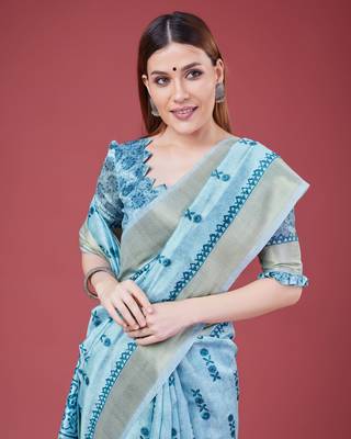 Blue Geometric And Floral Printed Silk Self Design With Golden Border Saree For Women With Blouse Piece 5